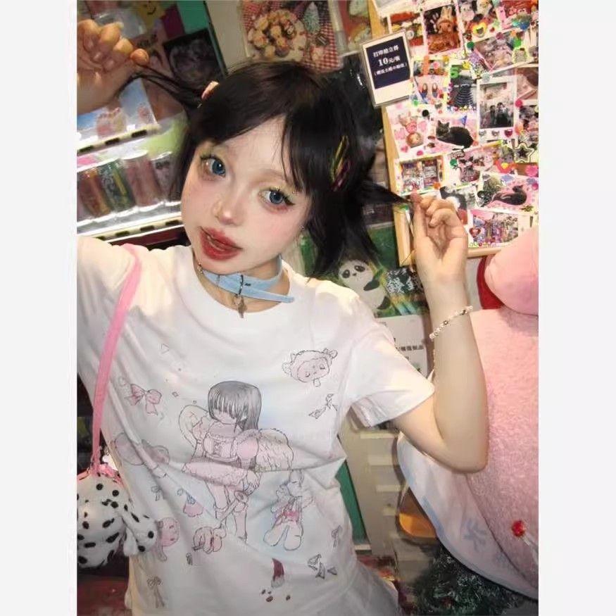 Kawaii Sweet Streetwear Trička Dámská Japonská móda Y2k Grafický Angel Potisk O Výstřih Volná trička Topy Soft Gril Léto