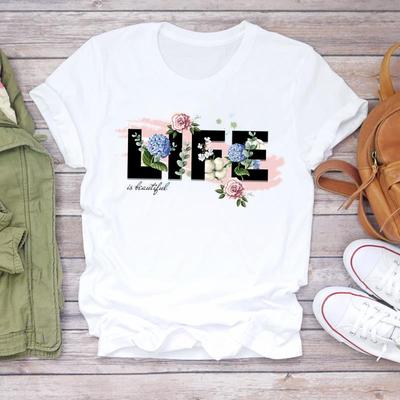 (Asian Size) Women Casual Watercolor Letter Flower Short Sleeve T Shirt Fashion Tee Top Clothing Print Ladies Female Graphic T-shirts