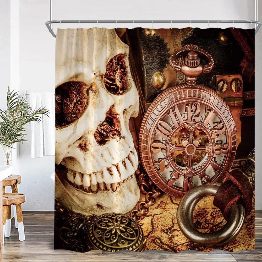 Happy Skull Shower Curtain Halloween Night Party Skull Bathroom Decoration Vintage Polyester Fabric Shower Curtain