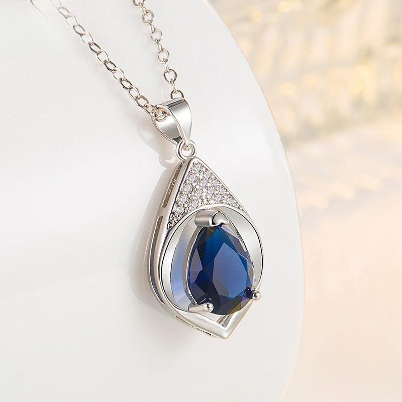 Sterling Silver Water Drop Blue Crystal Necklace Chains for Women Wedding Jewelry