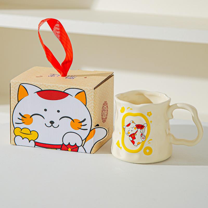 Cupa Ceramică Pisică Norocoasă Desen Animat Cupă Iregulară cu Aspect Înalt Cupă Creativă pentru Lapte/Mic Dejun Suvenir de Deschidere