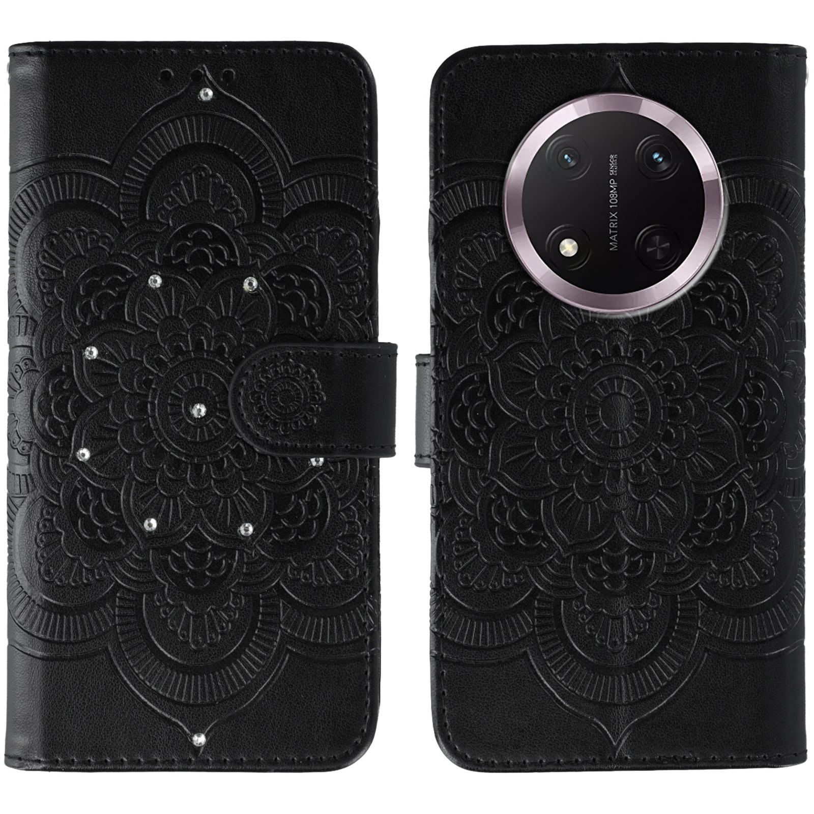 

Чехол для телефона для Honor Magic7 Lite 5G/X9c 5G/X60 Pro 5G, украшенный стразами, из ПУ кожи, с дизайном с мандалой и ремешком на запястье Black