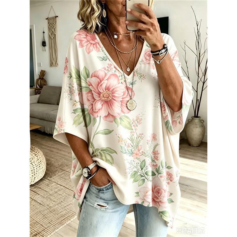 Printed Plus-Size Women's V-Neck Batwing Sleeve T-Shirt Bohemian Ethnic Print Loose Top Summer Comfortable Breathable Daily Commute Casual