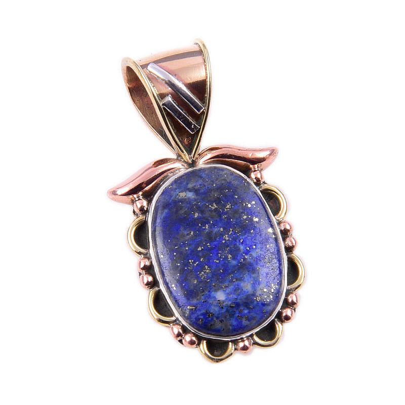 Natural Lapis Lazuli 925 Solid Sterling Silver TwoTone Gift Pendant 1.25" I9l59