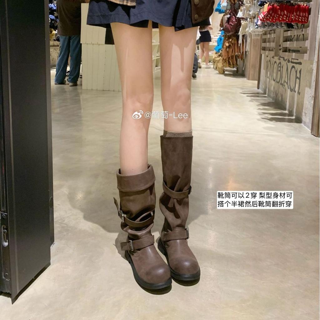 Grape Mom Studiolee Western Spice Girls~ Double Belt Buckle Round Trousers Boots Thick Heel Tall Knight Boots