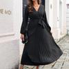 QICED Women's Fashion Autumn Winter Solid Color Print Long Sleeve V-Neck High Waist Casual Dresses