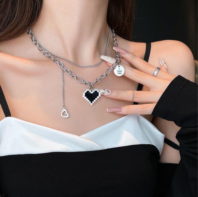 Niche Design Double-layer Stacked with Black Love Necklace Female Versatile Simple Letter Pendant Hip-hop Collarbone Chain
