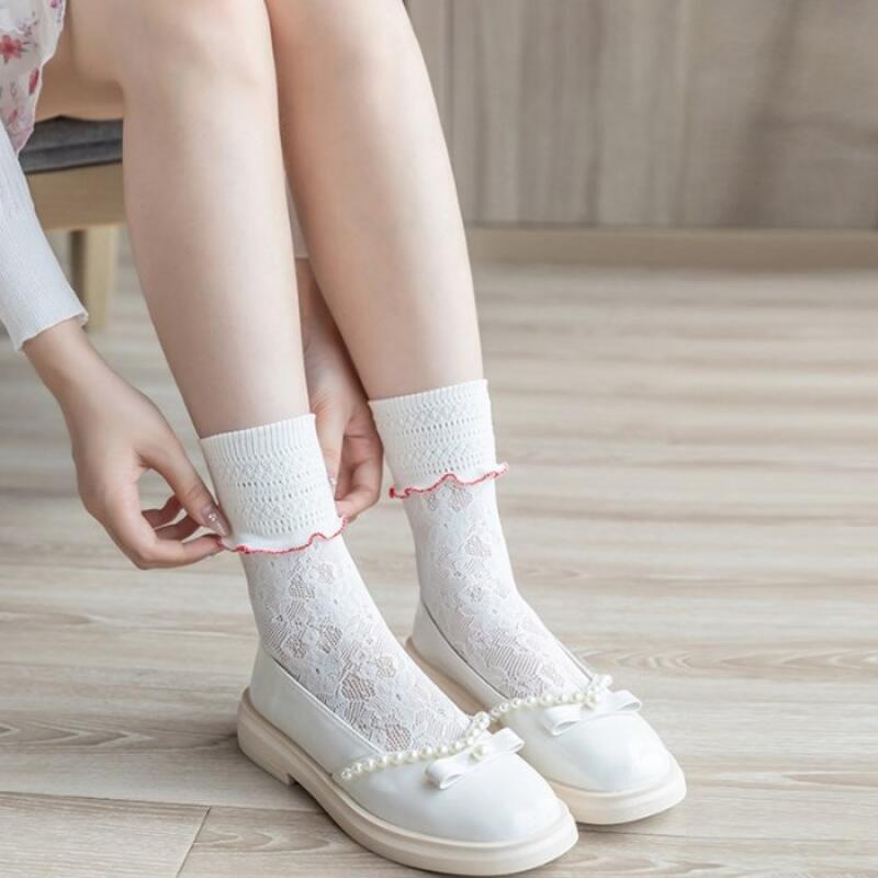 Women s Lovely Stockings Frill Elastic Floral Socks black