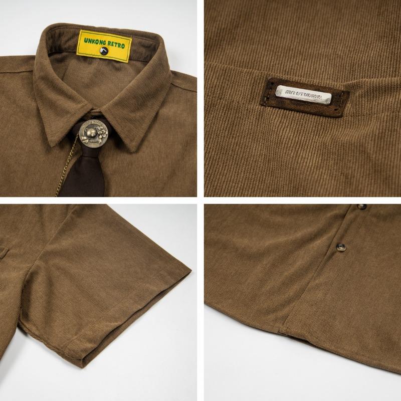 Japanese Retro Summer Corduroy Textured Fake Tie Shirt Men's and Women's Short-sleeved Niche Design College Style Shirt