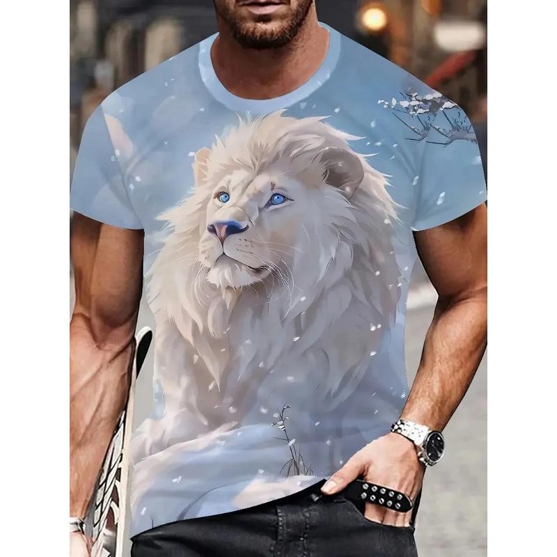 Summer Round Neck Animal Lion Pattern 3D Print Top Fashionable Casual Short Sleeved Men's T-shirts