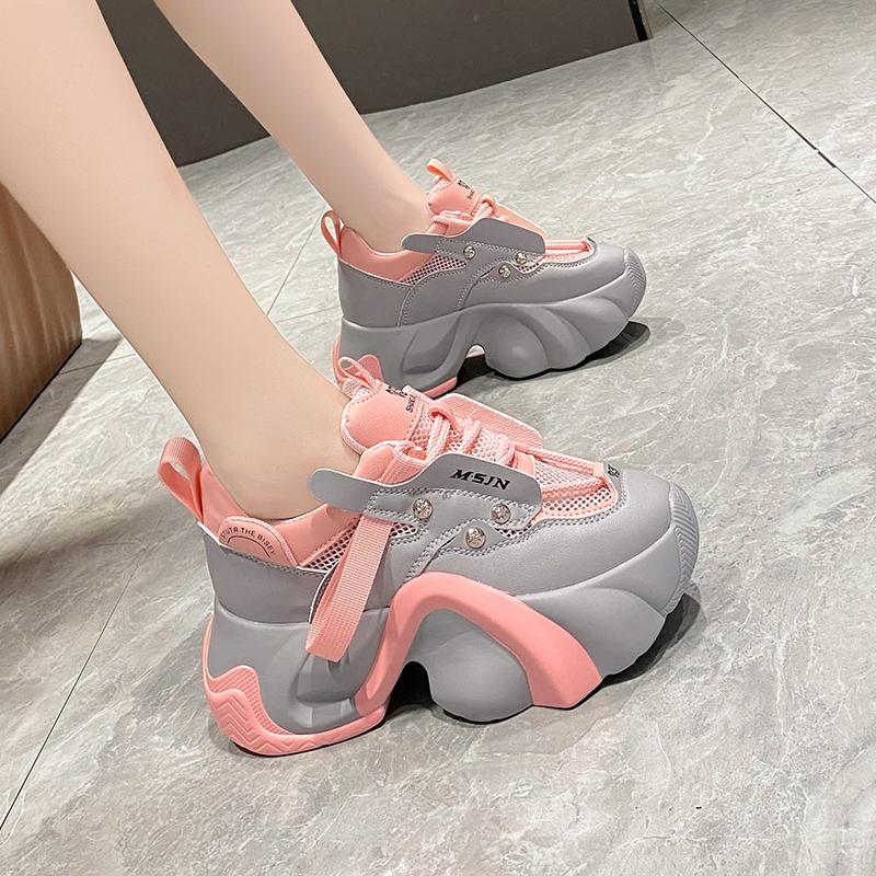 2025 Autumn Women Chunky Sneakers Breathable Mesh Casual Shoes 7.5CM Heels Fashion Trainers Lace-Up Platform Dad Shoes Woman