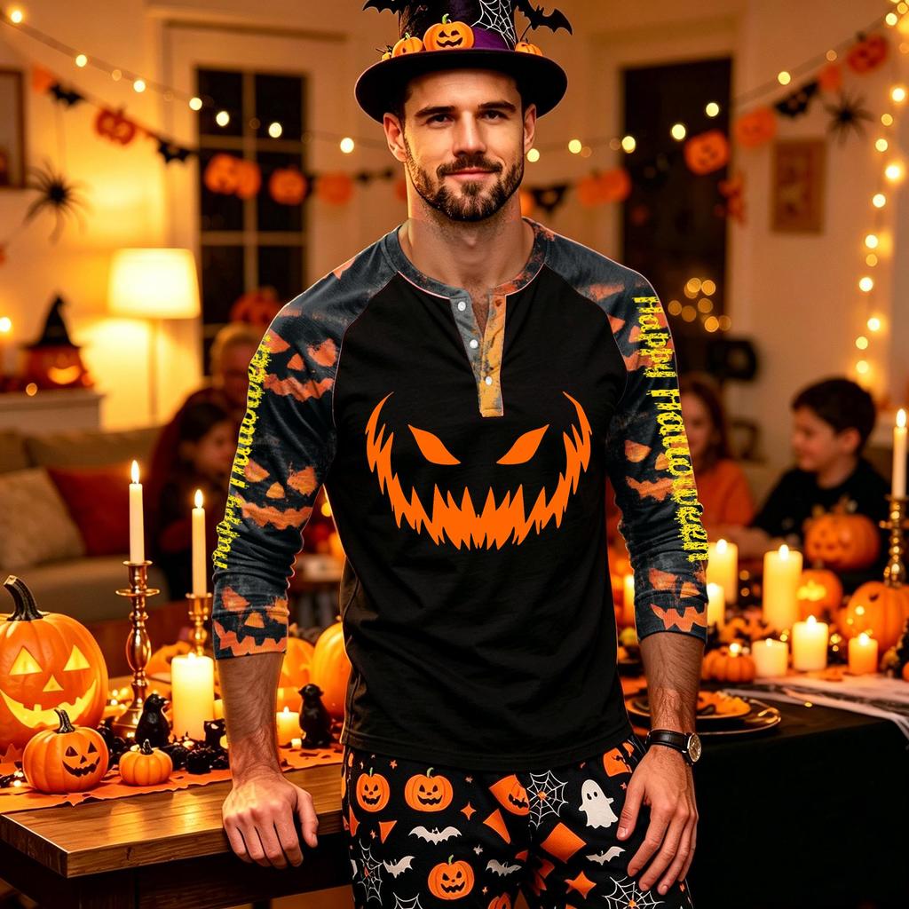 Men's Long Sleeve Shirt with Halloween Print for Holiday Parties and Casual Wear