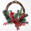 40CM Rattan Ring Wreath with Pine Branches and Red Berries for Wall or Door Holiday Decoration