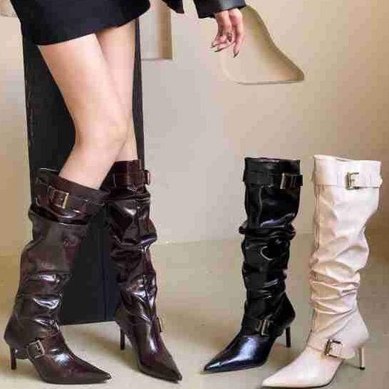 2025 new autumn and winter belt buckle thin heel medium heel high heel boots pleated women's boots stacking boots Martin boots western boots