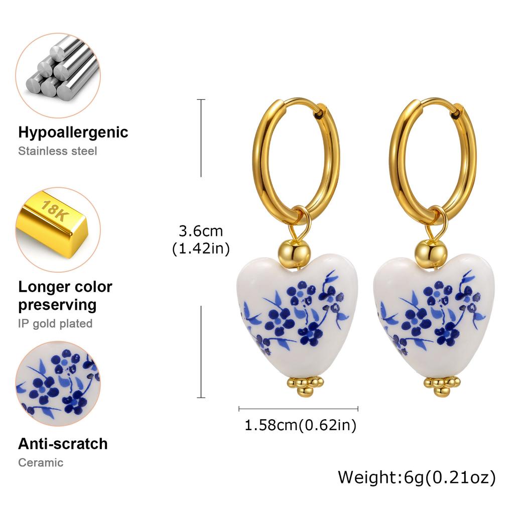Keramik-Herzohrringe, Perlen-Charms Edelstahl-Ohrringe für Damen, Reiseschmuck, Vintage-Hängeohrringe