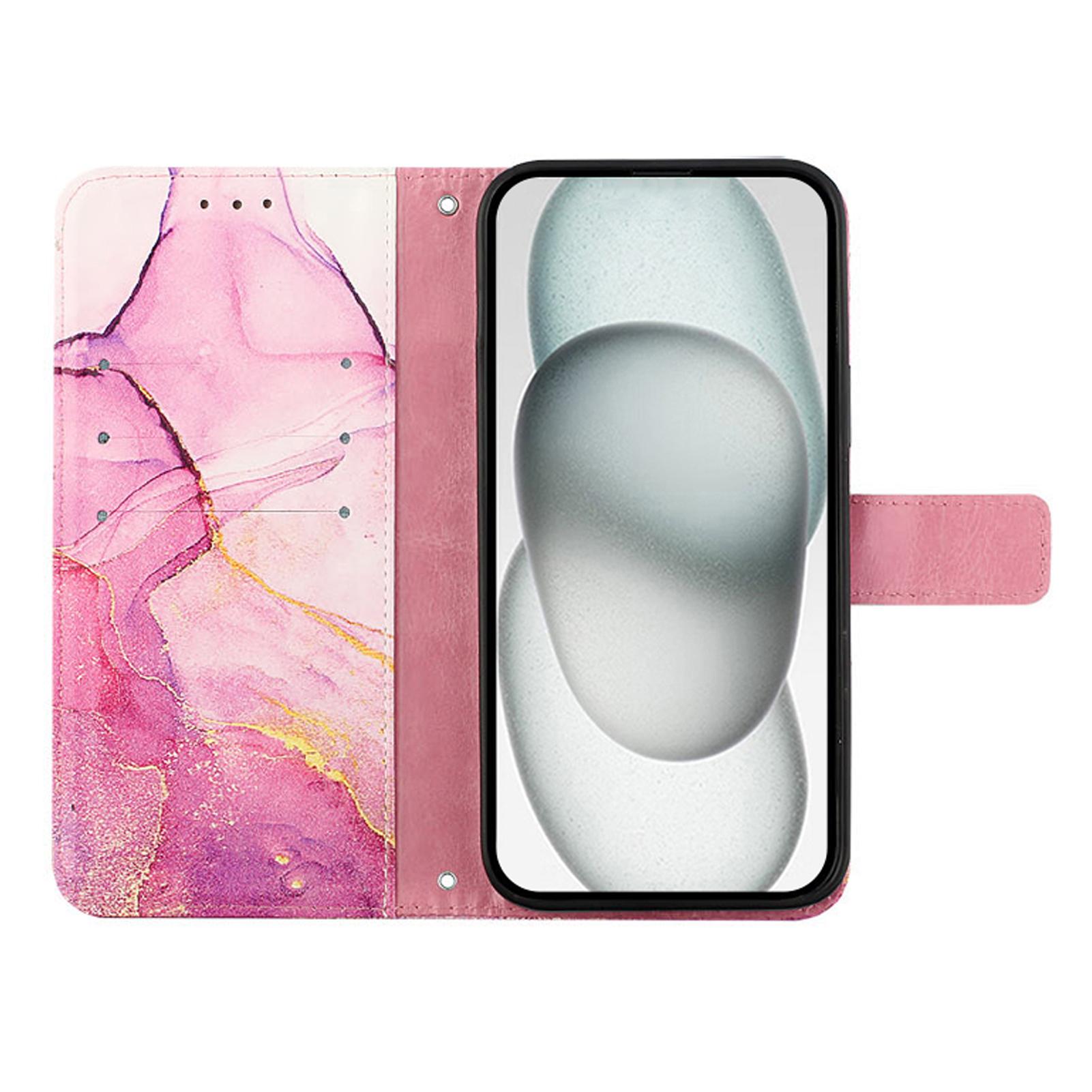 

For iPhone 16e Case with Strap Marble Pattern Leather Phone Cover Card Holder White+Purple LS006