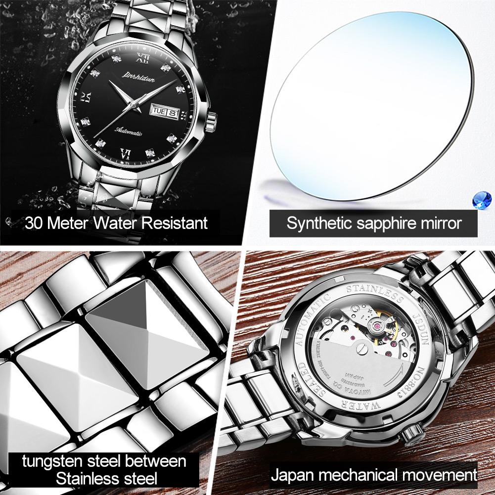 JSDUN 8813 Herren Mechanische Uhr Perfektes Stahlarmband Wasserdichtigkeit Kalender Einfache Freizeit Armbanduhr