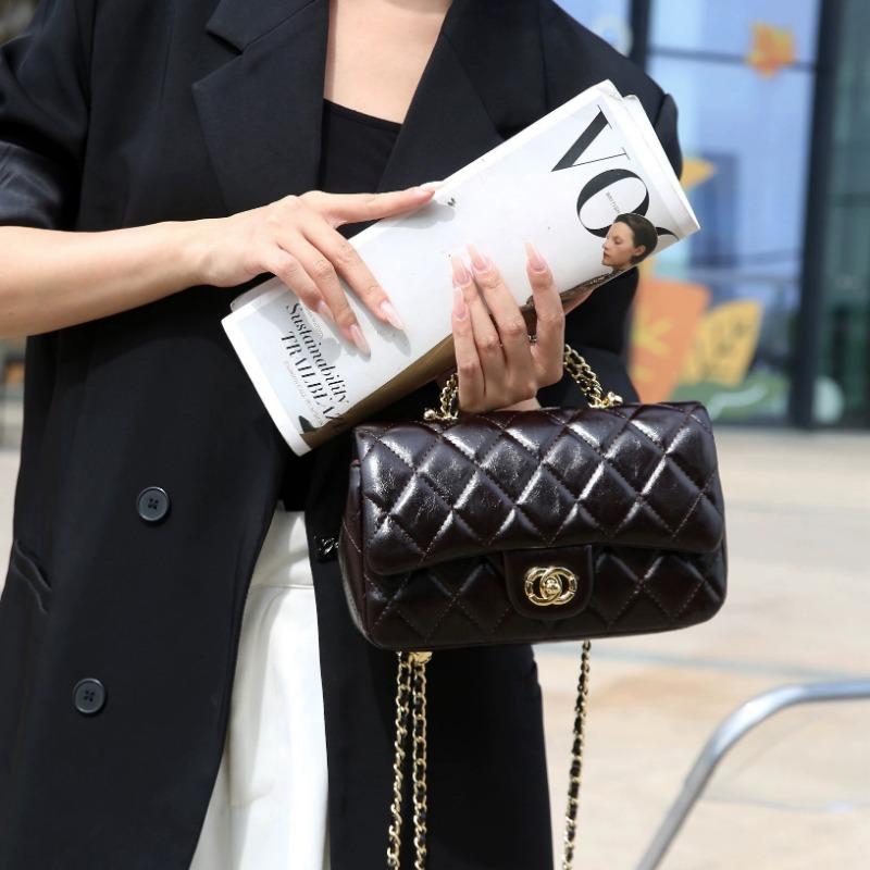 Geantă de umăr messenger din piele uleioasă cu ceară de prim strat, cu lanț metalic în formă de romb, portabilă, la modă, versatilă, geantă pătrată mică