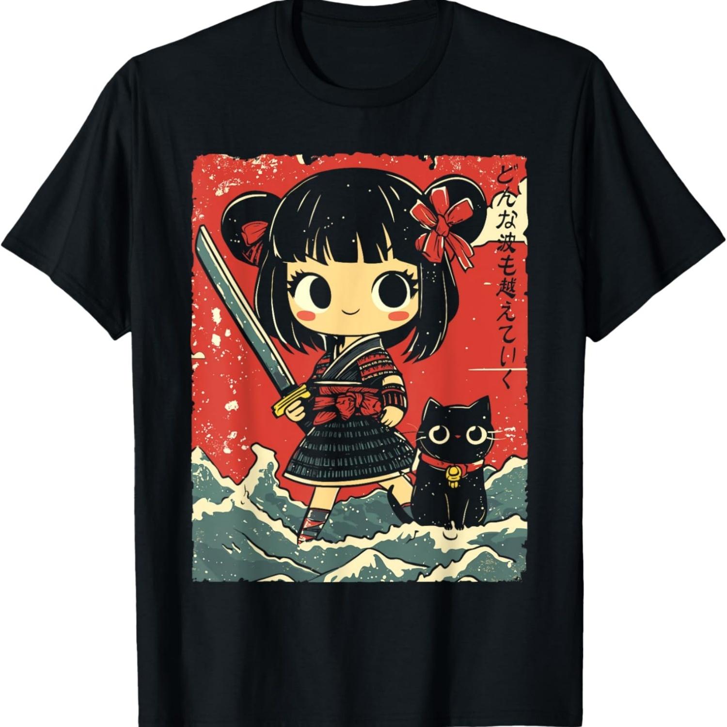 Kawaii Samurai Warrior Manga Anime Girl with Cat and Katana T-Shirt S