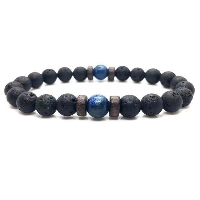 Unisex 8mm Lava Stone & Map Stone Black Flash Beaded Bracelet with Wood Chip Accents