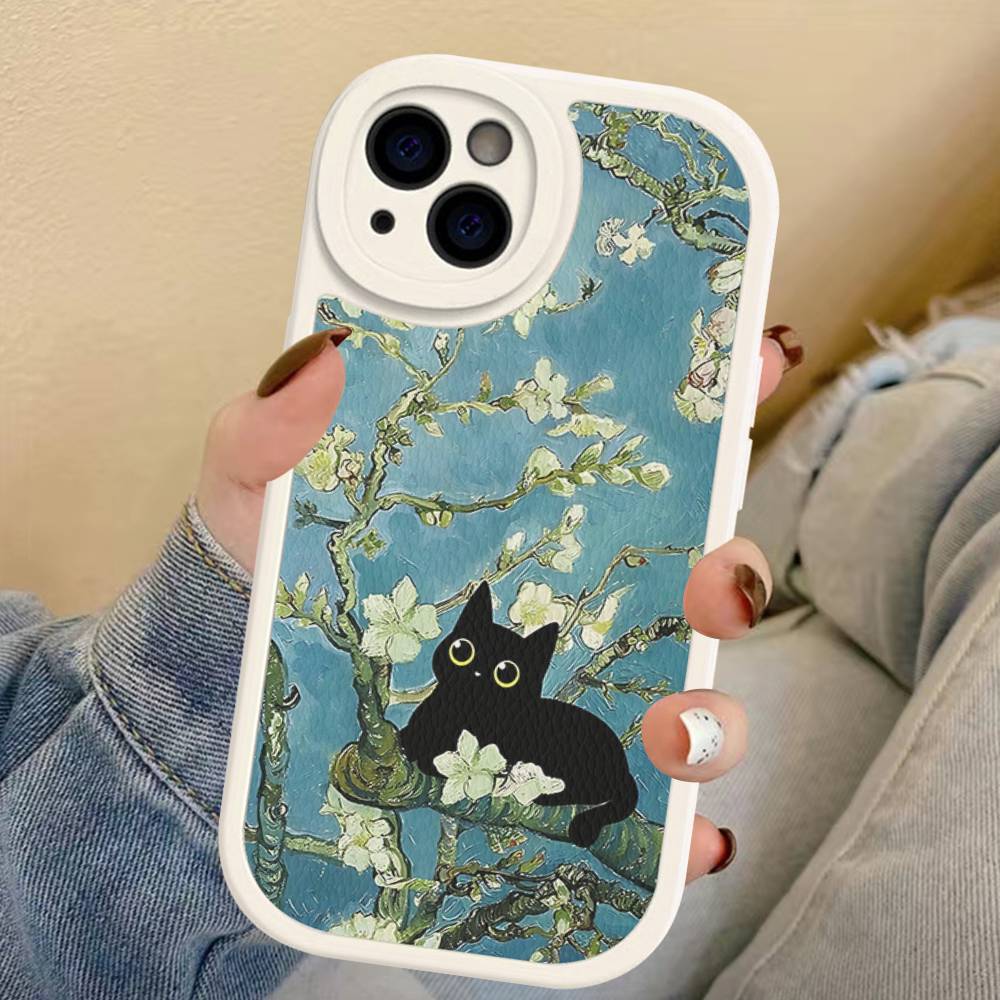 Black Cat Van Gogh Phone Case For IPhone 16 15 14 11 12 13 Pro Max Plus Back Leather Shell