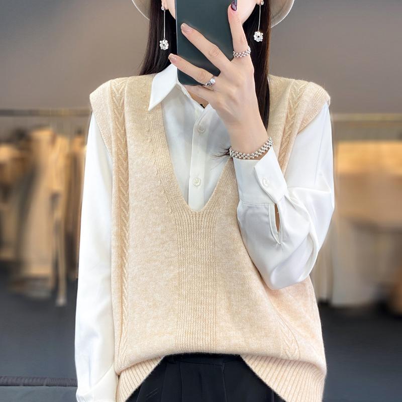 Podzimní dámská pletená vesta s hlubokým véčkovým výstřihem přes ramena, pulovr, žakárový volný svetr