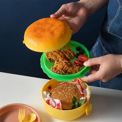 Hamburger Lunch Box Double Tier Cute Burger Bento Box Microwave Children School Meal Food Container Fork Tableware Set Gifts
