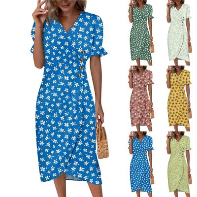 Women's Summer Casual Dress V Neck A-line Boho Ditsy Floral Flounce Sleeve Wrap Hem Dress