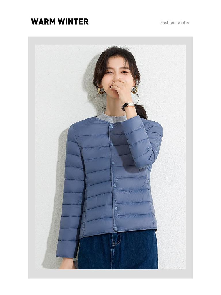 Women's Slim Fit Lightweight Crew Neck Down Jacket - Korean Style Warm Cotton-Padded Coat