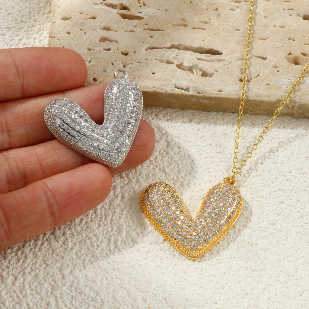 1 Piece Brass Valentine's Day Charms Gold Plated Heart Micro Pave Clear Cubic Zirconia Pendants For DIY Necklace 29.5mm X 27mm