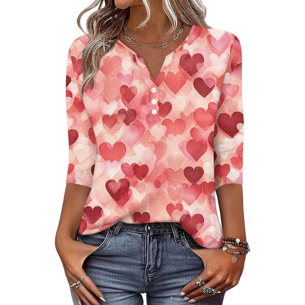 Camiseta feminina estampada com botões, manga 3/4, moda diária, de fim de semana, básica, decote em V, top regular