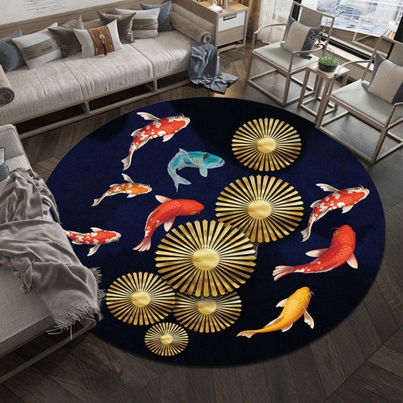 Round Chinese Style Pattern Carpet With Floral Bird Ginkgo Leaf Koi Fish Bamboo Soft NonSlip Rug For Living Room Study Bedroom
