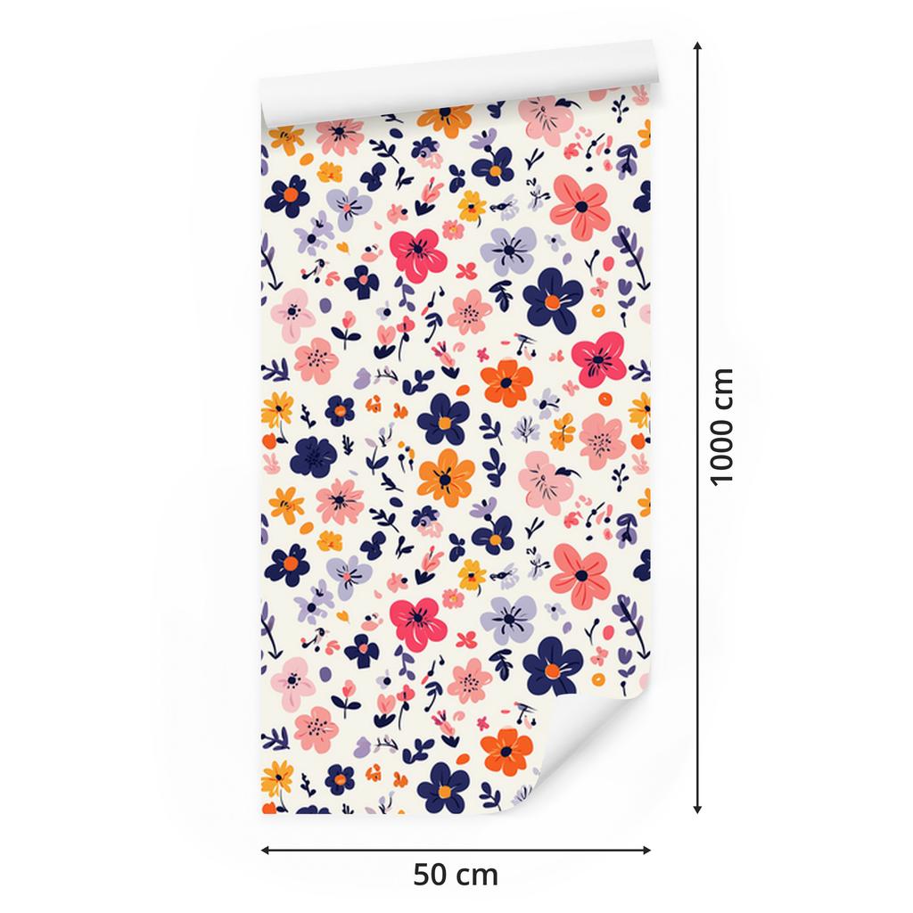 Cottagecore Flowers Wallpaper White, Light Gray and Coral 50x1000