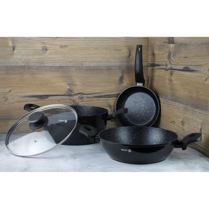 Batterie de Cuisine à Induction 4 Pièces Aluminium Forgé Antiadhésif sans PFOA FAGOR Vivant 424 Noir 00680