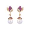 Needle Full Diamond Light Luxury Heavy Industry High-End Flower Earrings Leaf Leaves Slightly Inlaid Zircon Pearl Earrings