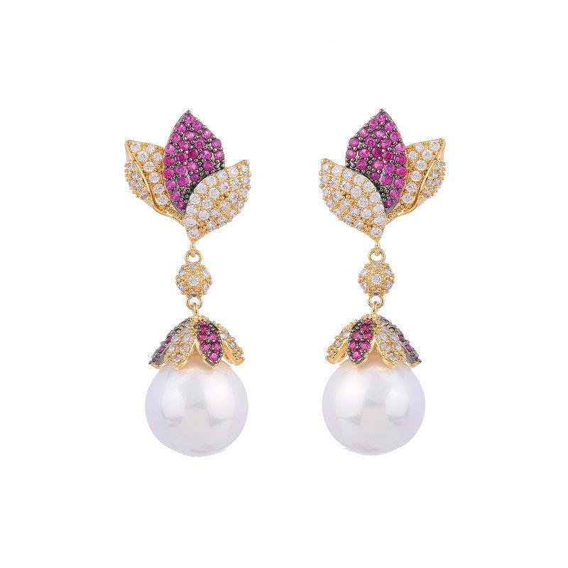 Needle Full Diamond Light Luxury Heavy Industry High-End Flower Earrings Leaf Leaves Slightly Inlaid Zircon Pearl Earrings