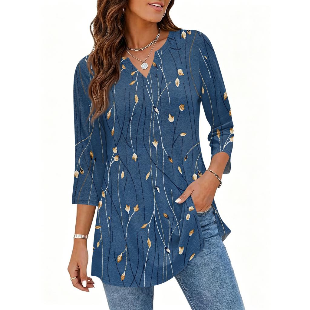Women's Casual V Neck 3/4 Sleeve Pullover Tunic Top Floral Print Mid Length Loose Fit Blouse for Everyday Wear