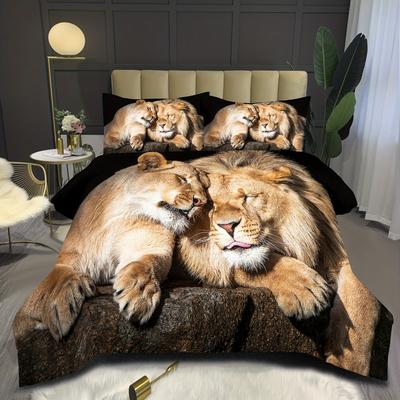 3D Aslan Desenli Dijital Baskı Üç Parça Set Hayvan Nevresim Yatak Çarşafı Yatak Takımı