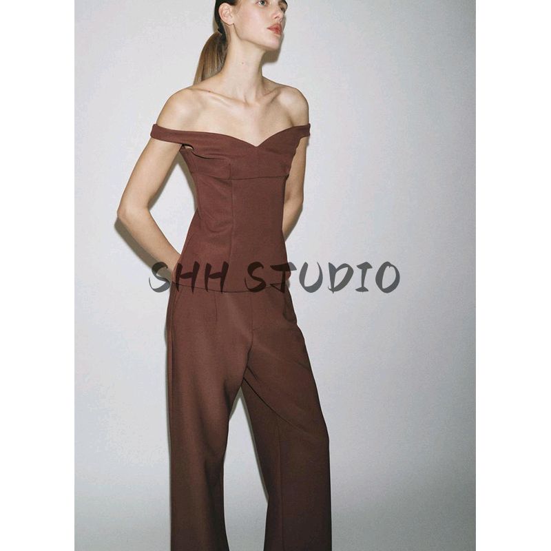 Crepe Wide Leg Mid-Waist Comfortable Minimalist Casual Pants 5070005 V-neck off-Shoulder Short Top 5070004