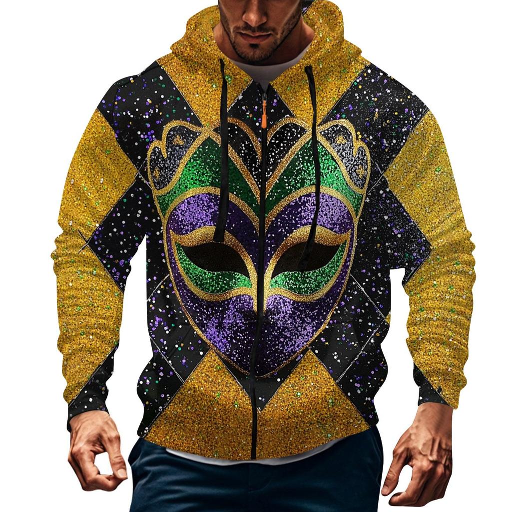 Men's Sports Casual Fleece Hoodie Carnival Print Hoodie Cardigan Zipper Multi-pocket Hoodie Coat