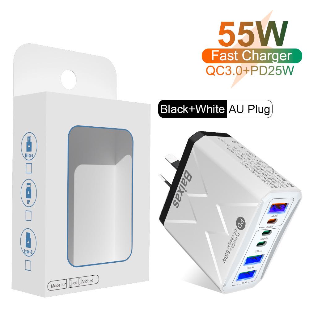 PD 25W 6-Port Fast Charger: 3 USB, 3 PD, 55W QC3.0 EU Standard for Mobile Phones