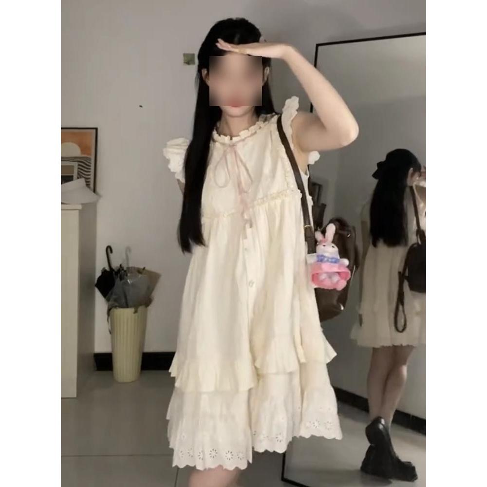 Sweet little fly sleeve dress women's summer new girl fungus edge thin skirt small a-word skirt