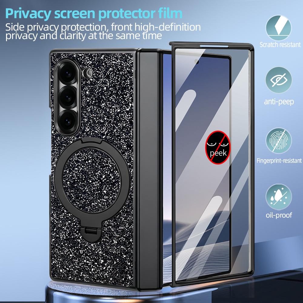 Glitter Bling Faux Leather Plating Magnetic Phone Case for Galaxy Z Fold 7 Fold 6 with Rotatable Holder, Anti-peeping Glass Film