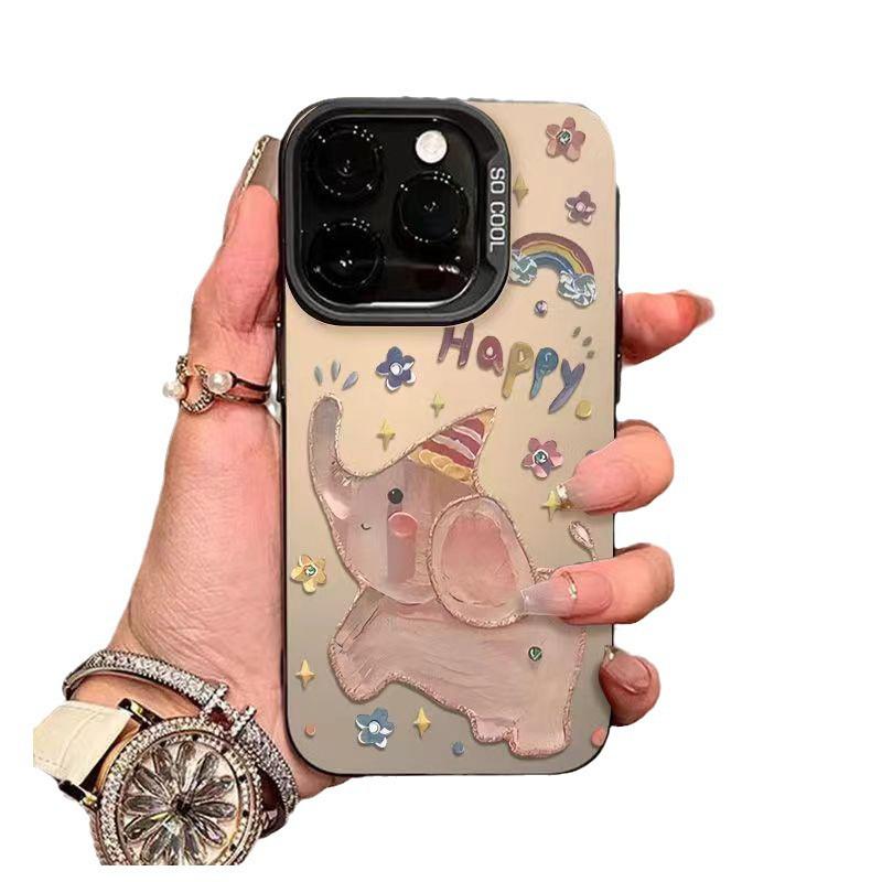 iPhone 16/14 ProMax, 12, 13, 11, 15 Case: Oil Painting Little Elephant Design, Silver