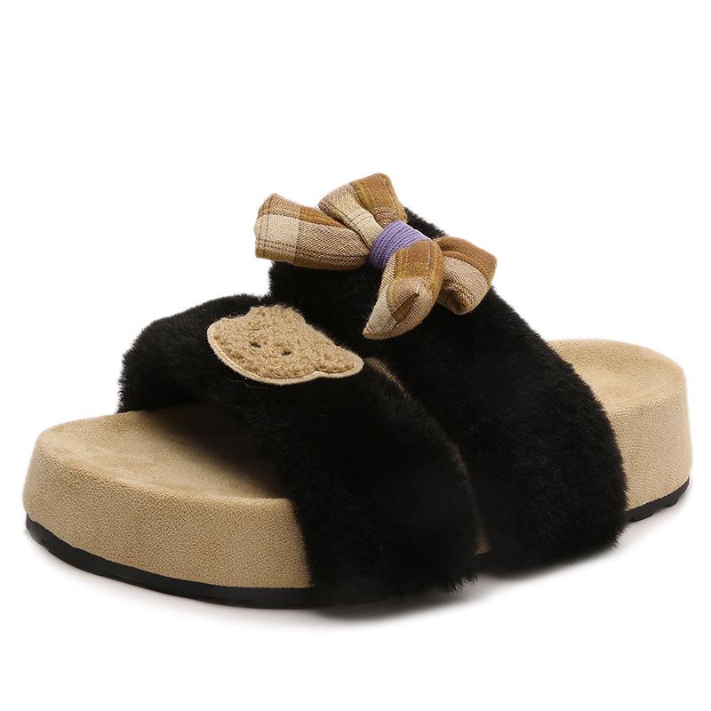 French fairy style sub-bow fluffy shoes female 2025 autumn and winter new outer wear advanced sense warm cotton drag female