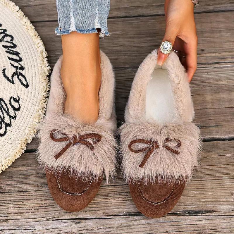 Dámské nové zimní korejský styl retro kožíškové mašle kulatá špička vícebarevné teplé bavlněné boty