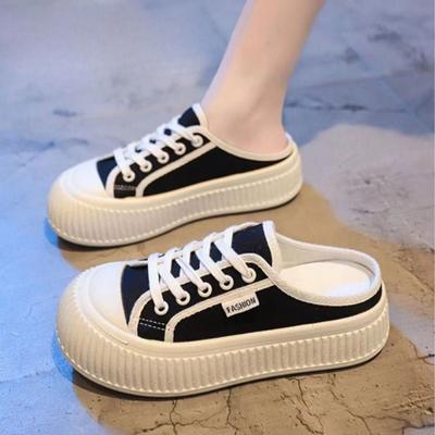 Thick Bottom Toe Cap Half Slippers Women's Outdoor Wear Summer New Casual White Shoes Canvas Shoes Sandals