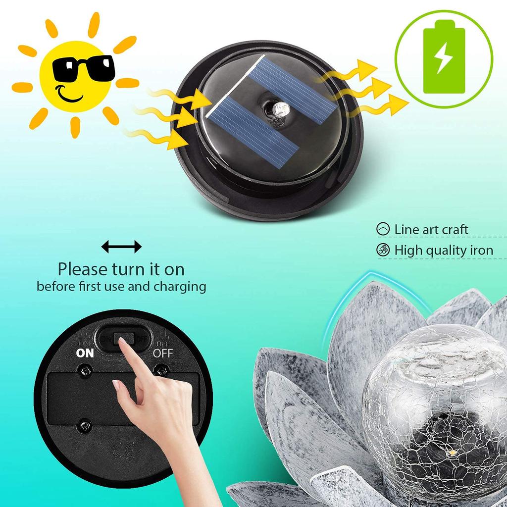 Solarleuchten im Freien für den Garten, Crackle-Globus-Glas-Lotus-Dekoration, wasserdichte LED-Blumenlichter aus Metall