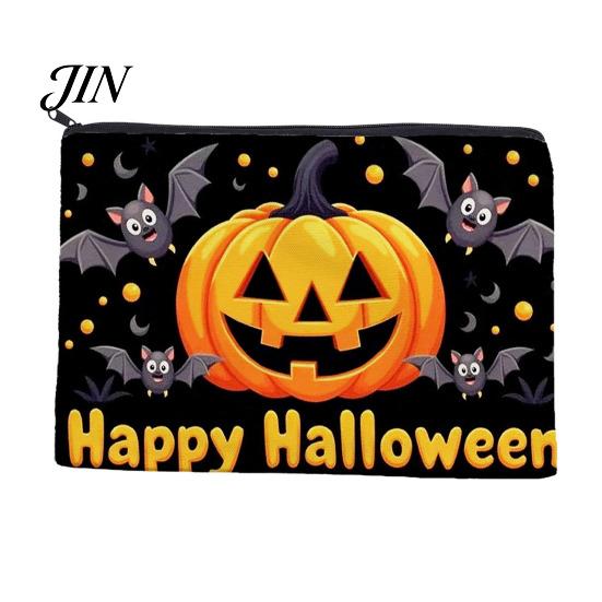Portable Zippered Pouch Halloween Storage Bag, with Pumpkin Ghost Pattern Design, Thickened Wear Resistant Canvas Bag Cosmetic Organizer, for