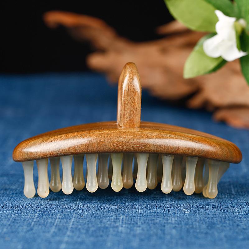 Sandalwood & Horn Ring Comb with Round Meridian Massage Brush 13cm x 6cm (Handmade, ±3cm)